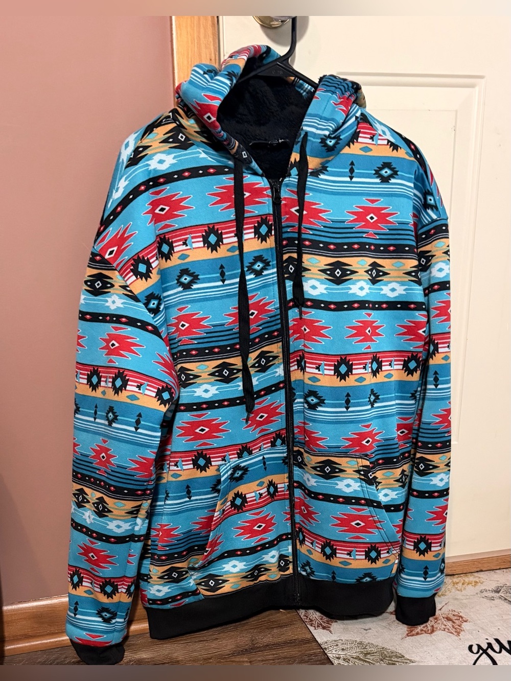 Canyon Creek Southwest Aztec Print Sherpa Lined Full Zip Hoodie Jacket L